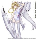  1girl ahoge armpits beriev_a-40_(personification) blonde_hair blue_eyes character_name china_dress chinese_clothes dress jet_engine long_hair mecha_musume original panties short_dress simple_background solo soviet underwear white_background 