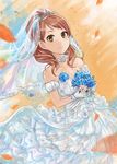  bare_shoulders blue_flower blue_rose bouquet breasts brown_eyes brown_hair cleavage dress elbow_gloves flower gloves highres houjou_karen idolmaster idolmaster_cinderella_girls medium_breasts nerotarou@seven petals rose smile veil wedding_dress 