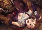  1girl assassin_(ragnarok_online) breasts brown_eyes brown_hair censored cleavage dark_matrix earrings erection fingerless_gloves gloves grinding highres imminent_rape jewelry long_hair monster moonshell open_mouth ponytail ragnarok_online restrained saliva scared torn_clothes you_gonna_get_raped 