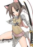  animal_ears armor blush boots brown_eyes brown_hair cape cat_ears cross gauntlets jewelry katana knight_(ragnarok_online) long_hair morino_donguri necklace open_mouth ponytail ragnarok_online sheath shoulder_pads solo sword weapon 