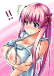  /\/\/\ 1girl blue_eyes blush bow breasts hair_bow haramura_nodoka huge_breasts johnny_(from_scratch) long_hair nipples pink_hair saki solo surprised 