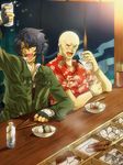  bald chopsticks crow_broust drink fingerless_gloves food gloves jacket multiple_boys oden shiina_satsuki_(pixiv2890507) super_robot_wars super_robot_wars_z2 zenitory_masse 