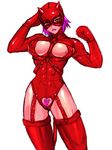  abs areola_slip areolae bodysuit boots breasts bursting_breasts crotch_cutout demon_tail evil_rose garter_straps harness heart_cutout horns latex lips mask pink_hair red_eyes rumble_roses short_hair solo tail thigh_boots thighhighs unaligned_breasts zero_hime 