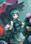  blue_eyes blue_hair cowboy_shot flower green_hair heterochromia hydrangea karakasa_obake purple_umbrella red_eyes shirt short_hair skirt skirt_set solo tatara_kogasa touhou umbrella vest yagi_(sinnsyou) 