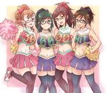  ;d amasaki_aoi black_hair black_legwear blush breasts brown_hair cheerleader crop_top e20 glasses green_eyes green_hair groin hand_on_hip hits holding houzumi_kaede houzumi_satsuki kikuhara_komugi large_breasts leg_up midriff multiple_girls navel one_eye_closed open_mouth original pom_poms ponytail red_eyes shiny shiny_skin skirt smile sweatdrop thighhighs 