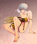  1boy anal barefoot bee bestiality blue_eyes grey_hair insect lying male male_focus monster monster_on_male nude penis sex silver_hair sitting wasp what yaoi 