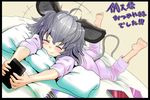  animal_ears barefoot blush cellphone closed_eyes convention_greeting grey_hair ishikkoro lying mouse_ears mouse_tail nazrin on_stomach pajamas phone short_hair smile solo tail touhou 