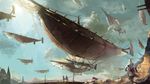  aircraft airship altair_ibn_la-ahad assassin's_creed assassin's_creed_(series) building cloud gauntlets highres hood male_focus pixiv_fantasia pixiv_fantasia_sword_regalia sash scenery sky walking yama_(pixiv) 