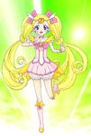 blonde_hair bloomers blue_eyes boots bow bowtie candy_(smile_precure!) choker circlet cure_candy eyelashes full_body green_background hair_bow highres long_hair magical_girl personification pink_bow pink_choker pink_neckwear pink_skirt precure skirt smile smile_precure! solo standing standing_on_one_leg toworun twintails underwear v white_bloomers 