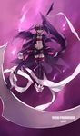  absurdres aisha_(elsword) artist_name bad_id bad_pixiv_id bandeau boots character_name cloud detached_sleeves elsword expressionless highres holding holding_scythe huge_weapon long_hair midriff navel purple purple_background purple_eyes purple_footwear purple_hair purple_legwear purple_skirt purple_sleeves scythe skirt solo swd3e2 thigh_boots thighhighs twintails void_princess_(elsword) weapon 