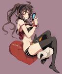  bare_shoulders bird black_legwear bra breasts brown_hair cellphone headphones heart highres long_hair medium_breasts original panties penguin penguin_caee phone pillow red_eyes solo striped striped_bra striped_panties thighhighs twintails underwear underwear_only 