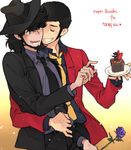  arsene_lupin_iii bad_id bad_pixiv_id beard black_hair cake facial_hair flower food hat jacket jigen_daisuke lupin_iii male_focus multiple_boys necktie red_jacket rose toujou_sakana yaoi yellow_neckwear 