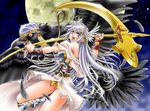  angry animal armor bird feathers grey_eyes head_wings long_hair monster_collection moon natsuno_suika open_mouth oversized_animal scythe silver_hair star_(sky) 
