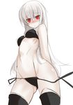  :&lt; bad_id bad_pixiv_id bare_shoulders bikini black_bikini black_legwear blush copyright_request from_below groin highres long_hair red_eyes side-tie_bikini simple_background sketch solo swimsuit thighhighs wardrobe_malfunction white_background white_hair yamane_akira 