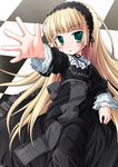  bangs black_dress blonde_hair checkered checkered_background chin_strap dress gosick gothic_lolita green_eyes hairband lolita_fashion long_hair looking_at_viewer natsuhime_yuran outstretched_hand solo victorica_de_blois 