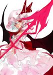  bat_wings dress grin hair_over_one_eye hat lavender_hair nanahara_fuyuki red_eyes remilia_scarlet short_hair sketch smile solo spear_the_gungnir touhou wings wrist_cuffs 