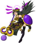  1girl armor bare_shoulders black_hair black_legwear circlet crown dark_persona goddess highres jewelry kid_icarus long_hair lots_of_jewelry necklace palutena purple_eyes shield simple_background solo staff very_long_hair 