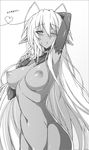  antenna_hair armpits arms_up blush breasts dark_elf dark_skin dougan_calpis_con elbow_gloves elf fingerless_gloves gloves greyscale large_breasts long_hair looking_at_viewer monochrome nipples nude one_eye_closed pointy_ears puffy_nipples sansei_muramasa solo soukou_akki_muramasa sweat 