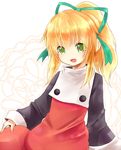  :d :o arupiyo_(catcat721) blonde_hair dress flat_chest green_eyes hair_ribbon happy long_sleeves no_nose open_mouth ponytail red_dress ribbon rockman rockman_(classic) roll simple_background smile solo 