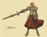  ao_(sodalite) armor armored_dress blonde_hair blood blood_on_face character_name clarent dress fate/apocrypha fate/stay_night fate_(series) gauntlets hair_ribbon mordred_(fate) mordred_(fate)_(all) ribbon solo sword weapon 