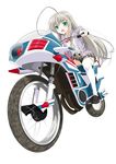  absurdres ahoge ameyoshi belt black_panties green_eyes ground_vehicle haiyore!_nyaruko-san highres huge_ahoge hurricane_(kamen_rider) kamen_rider kamen_rider_v3_(series) long_hair motor_vehicle motorcycle nyarlathotep_(nyaruko-san) panties riding school_uniform silver_hair simple_background solo thighhighs underwear white_background white_legwear 