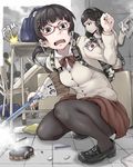  backpack bag black_hair black_legwear book broom brown_eyes chair classroom_eraser clenched_hand eraser glasses hair_ornament hairpin headset ina_(gokihoihoi) multiple_girls open_mouth original pantyhose pen short_hair skirt squatting table trigger_discipline twintails weapon 