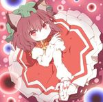  animal_ears bad_id bad_pixiv_id brown_hair cat_ears cat_tail chen dress earrings hat jewelry looking_at_viewer mari_audio nail_polish red_dress red_eyes red_nails shirt short_hair solo tail touhou 