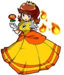  blue_eyes breasts brown_hair dress fire fire_flower fireball flipped_hair fukumitsu_(kirarirorustar) long_hair looking_at_viewer mario_(series) medium_breasts princess_daisy simple_background smile solo super_mario_bros. white_background yellow_dress 