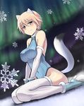  animal_ears aurora bad_id bad_pixiv_id blonde_hair blush boots brave_witches breasts brown_hair cat_ears covered_nipples elbow_gloves gloves green_eyes high_heels kneeling large_breasts leotard looking_at_viewer nikka_edvardine_katajainen no_bra shoes short_hair snowflakes solo tail thighhighs ulrich_(tagaragakuin) v_arms world_witches_series 