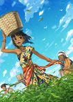  3girls :d armpits bad_id bad_pixiv_id bare_shoulders basket bindi bird black_hair bracelet brown_eyes carrying cloud dark_skin day dutch_angle earrings facial_mark flock forehead_mark from_below happy harvesting highres india indian_clothes jewelry kimura_(ykimu) leaf multiple_girls neck_ring necklace on_head open_mouth original outstretched_arms ponytail running sari sash short_hair sideways_mouth sky smile tank_top tea teeth zombie_pose 