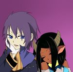  bare_shoulders black_hair blue_eyes breasts eyes_closed horns long_hair militsa open_mouth purple_background purple_hair saleh short_hair sleeping tales_of_(series) tales_of_rebirth 