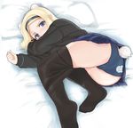  aleksandra_i_pokryshkin animal_ears animal_print bad_id bad_pixiv_id bear_girl bear_panties bear_print black_legwear blonde_hair blue_eyes brave_witches goji_(five_clock) hairband long_hair lying on_side panties pantyhose pantyhose_pull print_panties skirt solo tail underwear world_witches_series 