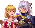  1boy 1girl armor blonde_hair blue_eyes blue_hair braid breasts claire_bennett dress eyes_closed gloves long_hair lowres open_mouth tales_of_(series) tales_of_rebirth veigue_lungberg 