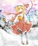  ascot blonde_hair blush bow bunchou_(bunchou3103) fang flandre_scarlet hat highres pantyhose red_eyes ribbon rumia scarf short_hair side_ponytail sign silhouette skirt smile snow snowman solo touhou translated wings 