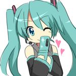  cellphone detached_sleeves fukumitsu_(kirarirorustar) green_eyes green_hair hatsune_miku heart long_hair looking_at_viewer one_eye_closed phone simple_background smile solo twintails vocaloid white_background 
