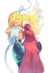  1boy 1girl armor blonde_hair blue_eyes blue_hair braid breasts carrying claire_bennett dress eyes_closed gloves long_hair smile tales_of_(series) tales_of_rebirth veigue_lungberg 