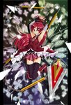  armpits arms_up bare_shoulders black_legwear boots bow breasts chain detached_sleeves foreshortening grin hair_bow highres jumping long_hair m-shiganai magical_girl mahou_shoujo_madoka_magica pillarboxed polearm ponytail red_eyes red_hair sakura_kyouko shatter skirt small_breasts smile solo sparkle spear thighhighs weapon 