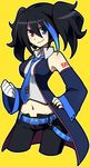  black_hair blue_eyes blue_neckwear breasts clenched_hand detached_sleeves fukumitsu_(kirarirorustar) gloves hand_on_hip heterochromia looking_at_viewer medium_breasts necktie red_eyes simple_background single_glove smile solo twintails utau yellow_background yokune_ruko 