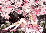 ahoge bare_shoulders cherry_blossoms dress drill_hair elodie flower from_side full_body gloves hetiru highres logo long_live_the_queen looking_at_viewer official_art pink_hair sitting skull smile solo twintails wallpaper 