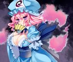  adapted_costume breasts cleavage cleavage_cutout cosmos_(the_crying_moon) fan folding_fan hat japanese_clothes large_breasts no_bra obi pink_hair purple_eyes saigyouji_yuyuko sash short_hair solo touhou 