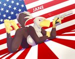  all_fours american_flag avian bald_eagle beak bent_over big_breasts bird breasts brown_body claws eagle feathers female flag gun huge_breasts jane_(spotty_the_cheetah) looking_at_viewer nude pistol ranged_weapon smile solo spotty_the_cheetah talons usa weapon 
