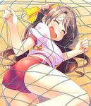  ass bad_id bad_pixiv_id brown_hair buruma cargo_net closed_eyes entangled gym_uniform hairband holding idolmaster idolmaster_cinderella_girls in_net long_hair lying macho_edamatsu midriff net obstacle_race on_side open_mouth shimamura_uzuki short_sleeves solo sports_festival tears 