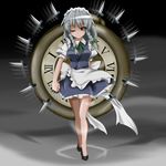  apron bad_id bad_pixiv_id between_fingers bow braid breasts dress_shirt frown full_body gradient gradient_background grey_background hair_bow high_heels howaso izayoi_sakuya knife looking_at_viewer maid_headdress medium_breasts motion_blur no_socks one_eye_closed pocket_watch red_eyes ribbon roman_numerals shirt shoes short_hair silver_hair simple_background skirt solo touhou twin_braids vest walking watch 