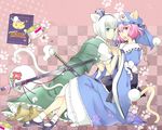  2girls animal_ears blue_eyes boots can canned_food cat_ears cat_tail female katana kneeling konpaku_youmu multiple_girls open_mouth pink_eyes pink_hair saigyouji_yuyuko shoes sword tail touhou weapon white_hair 