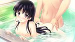  1girl blush breasts doggystyle game_cg habane_kotori hetero highres kono_oozora_ni_tsubasa_wo_hirogete long_hair looking_at_viewer medium_breasts mixed_bathing nipples nude out_of_frame partially_submerged pool purple_eyes purple_hair sex solo_focus water yashima_takahiro 