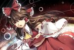  ascot bad_id bad_pixiv_id bison_cangshu brown_eyes brown_hair detached_sleeves hair_ribbon hair_tubes hakurei_reimu highres long_hair midriff navel ofuda open_mouth ribbon solo touhou 