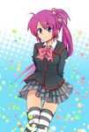  :3 blue_eyes bow hair_bobbles hair_ornament little_busters! long_hair nojima pink_bow plaid plaid_skirt purple_hair saigusa_haruka school_uniform side_ponytail skirt solo striped striped_legwear thighhighs 