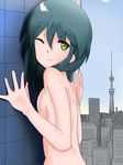  breast_press breasts building giantess green_hair highres lime_eyes mcarenos nude pose posing smile tokyo_sky_tree tokyo_skytree wink 