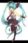  aqua_eyes aqua_hair boots dpzkzl fingerless_gloves gloves hatsune_miku highres long_hair looking_at_viewer necktie open_mouth simple_background skirt solo thigh_boots thighhighs twintails very_long_hair vocaloid 