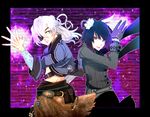  1boy 1girl aq_interactive belt black_hair blue_eyes breasts coat dress eyepatch gloves hair_ornament long_hair manamia mistwalker nintendo short_hair skirt the_last_story white_hair yuris_(the_last_story) 